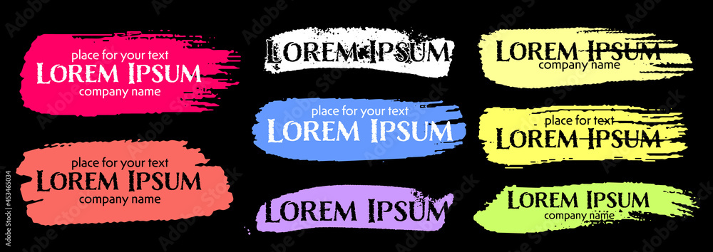 Set of templates for title, discounts, promotions. Design for coupons, vouchers, gift cards. Colorful brush strokes. Different grunge texture brush strokes. Neon colorful ink. Vector illustration