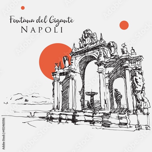 Drawing sketch illustration of Fontana del Gigante or Fontana dell'Immacolatella in naples, Italy