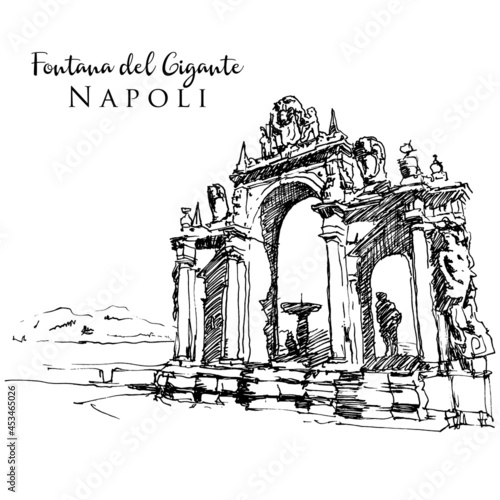 Drawing sketch illustration of Fontana del Gigante or Fontana dell'Immacolatella in naples, Italy