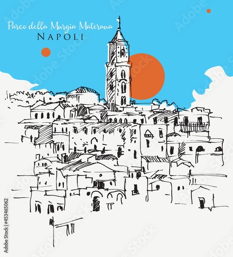Drawing sketch illustration of Parco della Murgia Materana in Matera  Italy