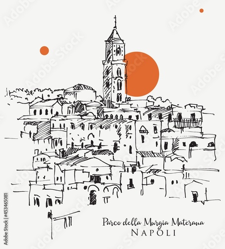 Drawing sketch illustration of Parco della Murgia Materana in Matera, Italy
