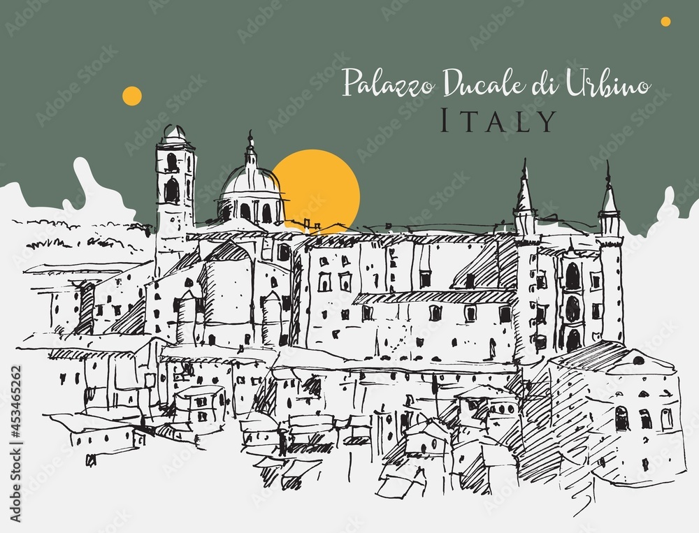 Drawing sketch illustration of Palazzo Ducale in Urbino, Italy Drawing sketch illustration of Palazzo Ducale in Urbino, Italy