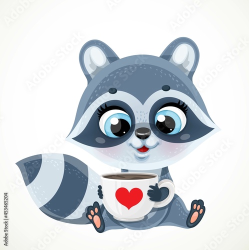 Cute cartoon baby raccoon with big white cap of tea or coffee sit on a white background