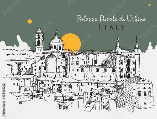 Drawing sketch illustration of Palazzo Ducale in Urbino, Italy