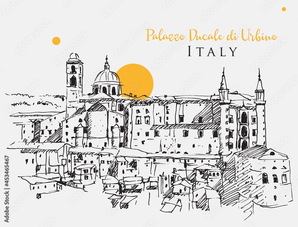 Drawing sketch illustration of Palazzo Ducale in Urbino, Italy Drawing sketch illustration of Palazzo Ducale in Urbino, Italy