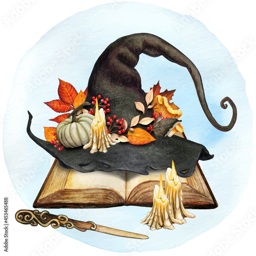 Watercolor decorative witch hat with fall leaves decoration