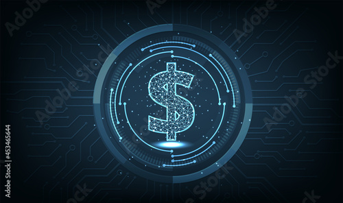 Digital dollar sign icon.Financial Internet Technology Concept or FinTech on dark blue technology background.