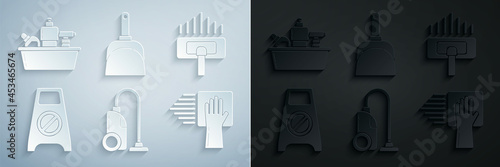 Set Vacuum cleaner, Wet floor and cleaning in progress, Cleaning service, Dustpan and Plastic bottles for liquid dishwashing liquid icon. Vector