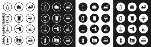 Set Electric iron, Trash can, Plastic bottles for liquid dishwashing liquid, Vacuum cleaner, basin with soap suds, Mop and bucket and icon. Vector
