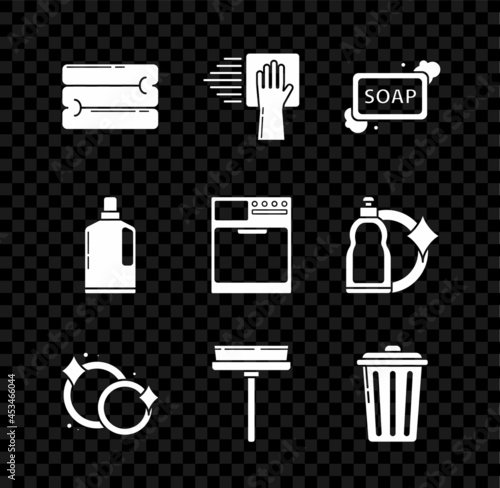 Set Towel stack, Cleaning service, Bar of soap with foam, Washing dishes, Squeegee, scraper, wiper, Trash can, Plastic bottles for liquid dishwashing liquid and Washer icon. Vector