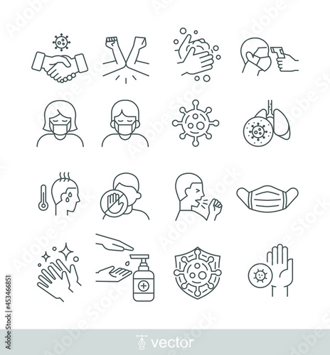 Coronavirus symptoms & precautions sign. mask, fever check scanner thermometer, elbow shake, hand sanitizer. Virus related icons-thin, black and white kit.Vector illustration on white background.EPS10
