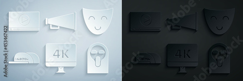 Set Computer PC monitor with 4k video technology, Comedy theatrical mask, Cap inscription director, Funny and scary ghost, Megaphone and Online play icon. Vector