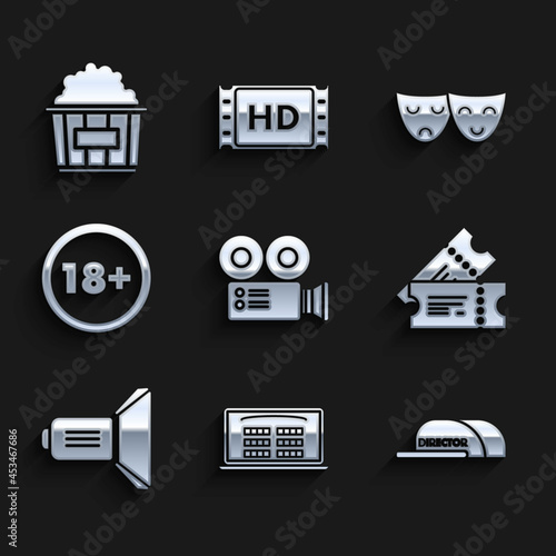 Set Cinema camera, Buy cinema ticket online, Cap with inscription director, Movie spotlight, Under 18 years, Comedy and tragedy theatrical masks and Popcorn cardboard box icon. Vector