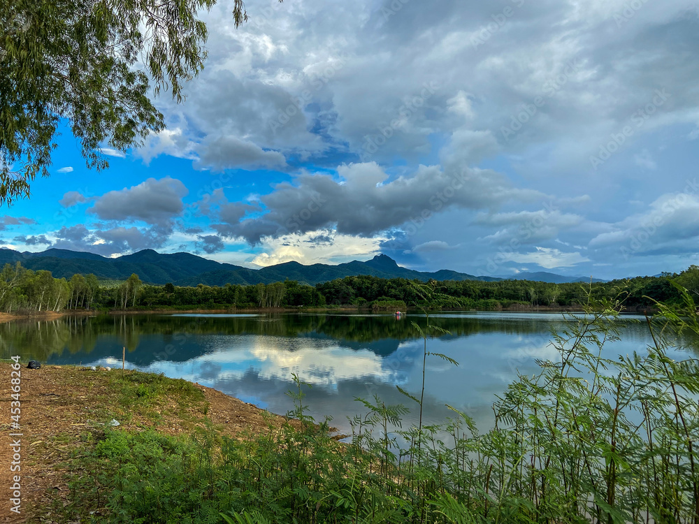 View of a lagoon and mountains,Marsh and Sky