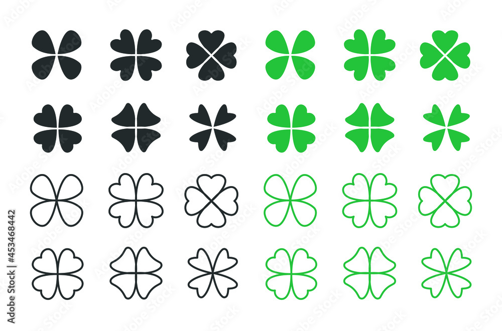 Clover set. Four leaf clover as symbol of luck. Hearth shaped leaf. Irish shamrocks or ireland tradition. Green clover leaf icon template design. Vector illustration. Design on white background. EPS10 Clover set. Four leaf clover as symbol of luck. Hearth shaped leaf. Irish shamrocks or ireland tradition. Green clover leaf icon template design. Vector illustration. Design on white background. EPS10