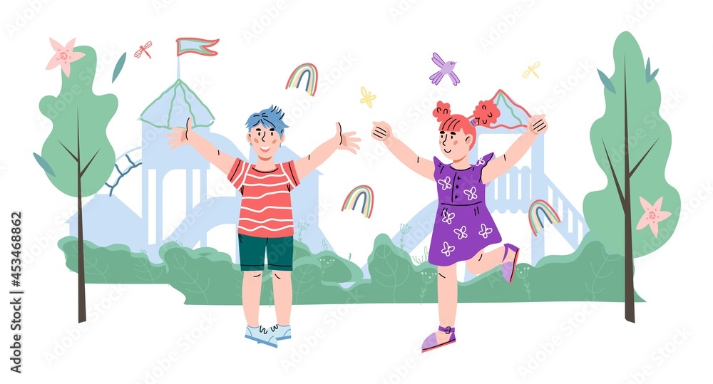 Cheerful jumping with joy children on summer playground, cartoon flat vector illustration isolated on white background. Kids play in park or playground. Summertime recreation and vacation. Cheerful jumping with joy children on summer playground, cartoon flat vector illustration isolated on white background. Kids play in park or playground. Summertime recreation and vacation.