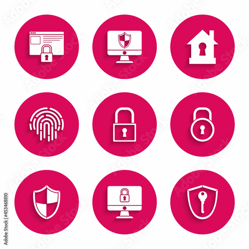 Set Lock, on computer monitor screen, Shield with key, Fingerprint, House under protection and Secure your site HTTPS, SSL icon. Vector