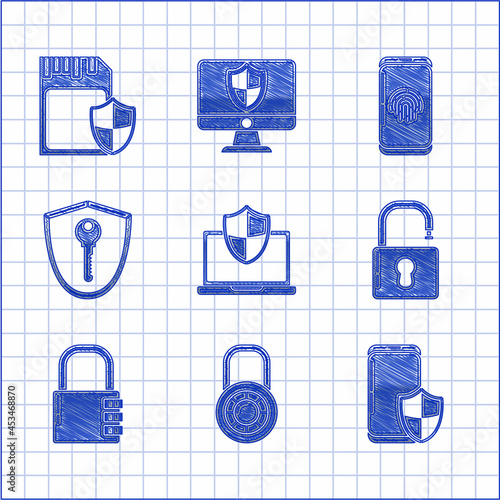 Set Laptop protected with shield, Safe combination lock wheel, Smartphone security, Open padlock, Shield key, fingerprint scanner and SD card and icon. Vector