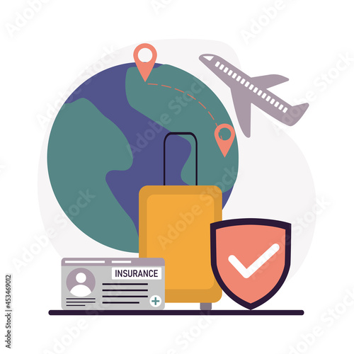 Travel insurance. Save vacation and recreation. Concept of insurance and health protection for travelers. Summer trip and travel. Airplane travels