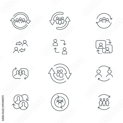 Person updating profile. Synchronize team work. Refresh team. People with arrow reload for reorganization group. Personal change line icon set. Vector illustration.Design on white background. EPS 10 photo