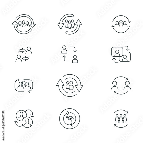 Person updating profile. Synchronize team work. Refresh team. People with arrow reload for reorganization group. Personal change line icon set. Vector illustration.Design on white background. EPS 10