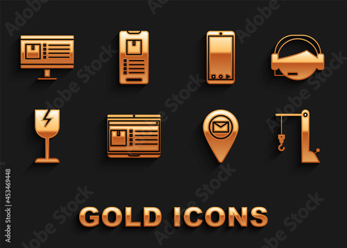 Set Laptop with app delivery tracking, Support operator touch, Harbor crane, Placeholder on map paper, Fragile broken glass symbol, Mobile phone, Computer monitor and icon. Vector