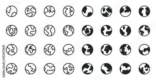 Rotating world globe, planet earth sign. web, website, homepage icon set. Earth hemispheres with continents, world map set. Globe line vector icon set. Illustration design on white background. EPS 10