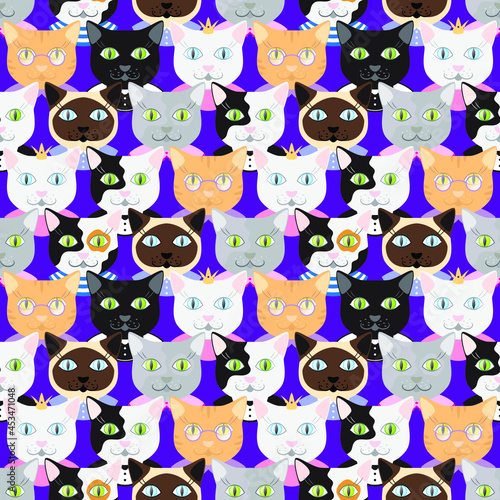 Fototapeta Naklejka Na Ścianę i Meble -  Multi-colored cats in different outfits on a dark blue background. Seamless pattern, print, textile. Vector illustration