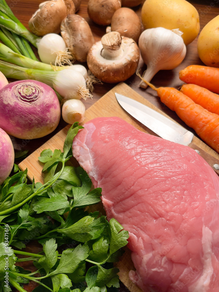 veal meat and fresh organic vegetables for the preparation of a homemade dish veal meat and fresh organic vegetables for the preparation of a homemade dish