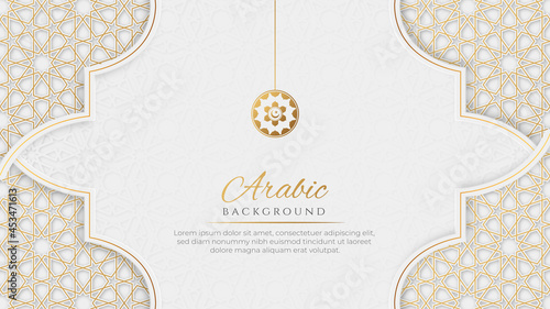 Arabic Islamic Elegant Luxury White and Golden Ornamental Background with Decorative Islamic Pattern