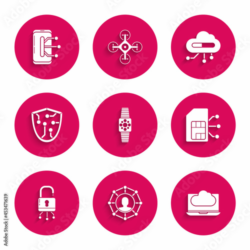 Set Smartwatch, Project team base, Cloud technology data transfer and storage, Sim card, Lock on digital circuit board, Cyber security, Internet of things and Smartphone, mobile phone icon. Vector