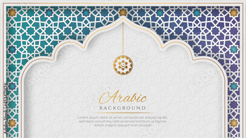 White and Blue Luxury Islamic Arch Background with Decorative Ornament Pattern