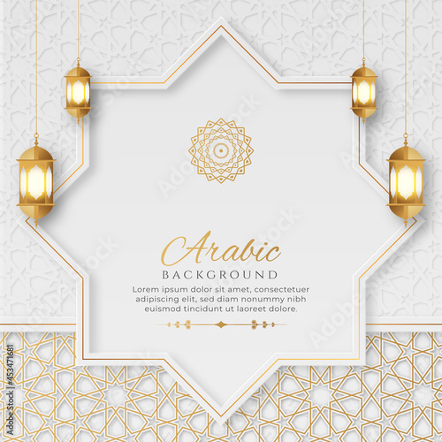 Arabic Islamic Elegant White and Golden Luxury Ornamental Background with Decorative Lanterns