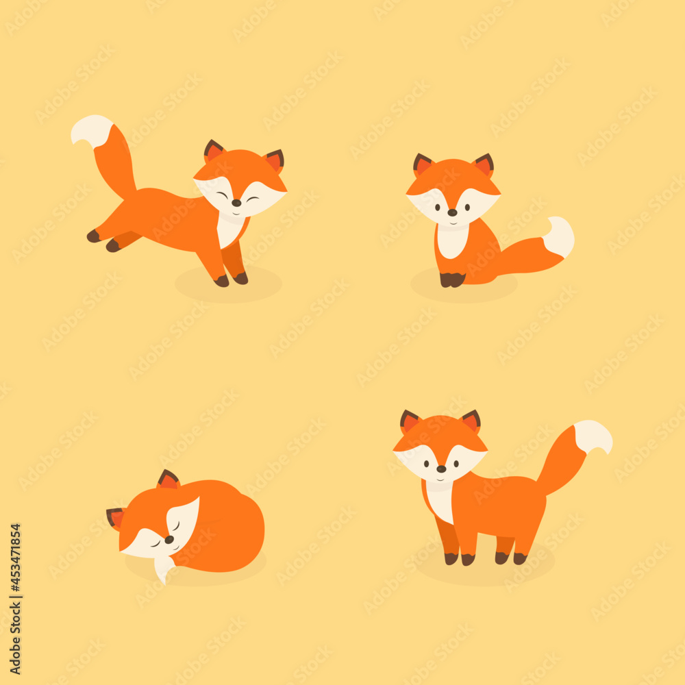 This is a set of foxes isolated on a light background.
