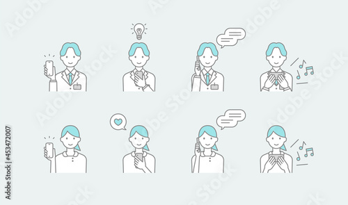 医師・薬剤師と看護師がスマートフォンを使用している線画イラストセット
