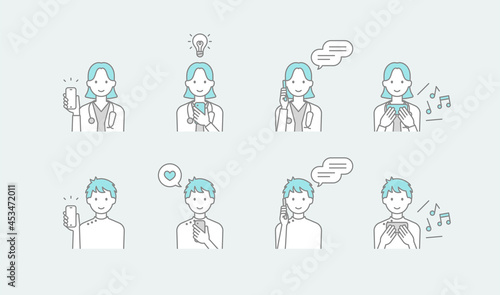 医師と看護師がスマートフォンを使用している線画イラストセット