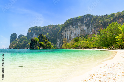Ko Hong island and exotic beach with mountain cliff  with crystal clear water and white sand  Krabi  Thailand