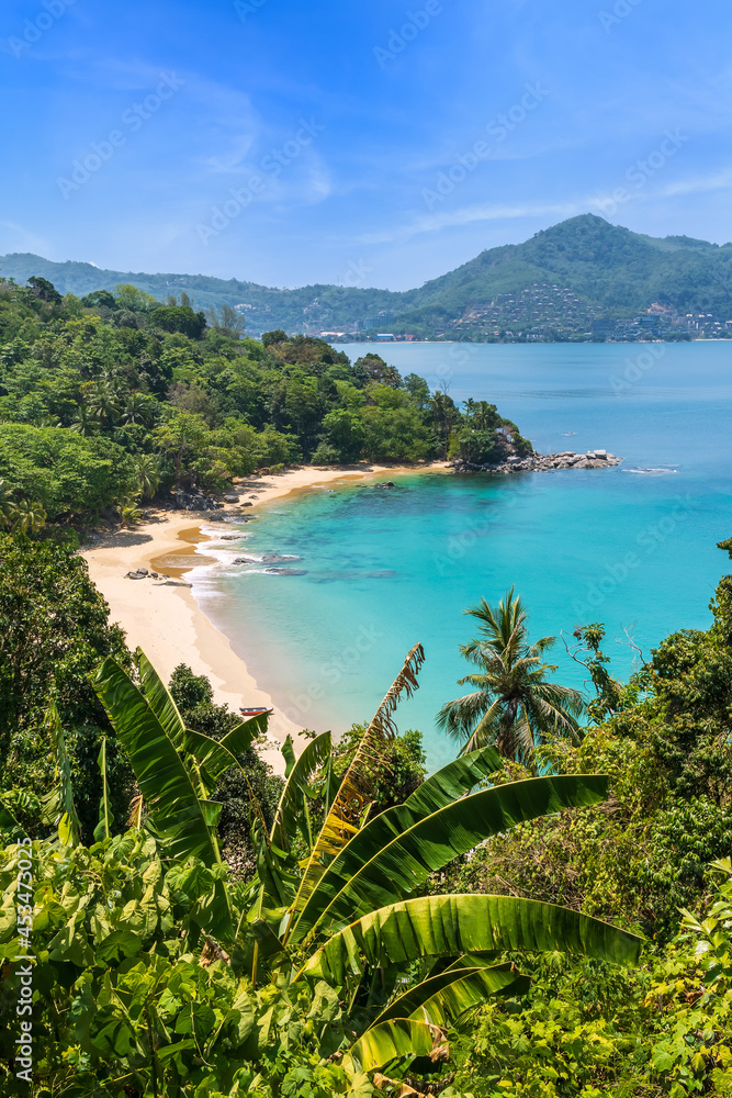 Laem Sing Viewpoint and secret peaceful beach with crystal clear turquoise blue water, Phuket, Thailand