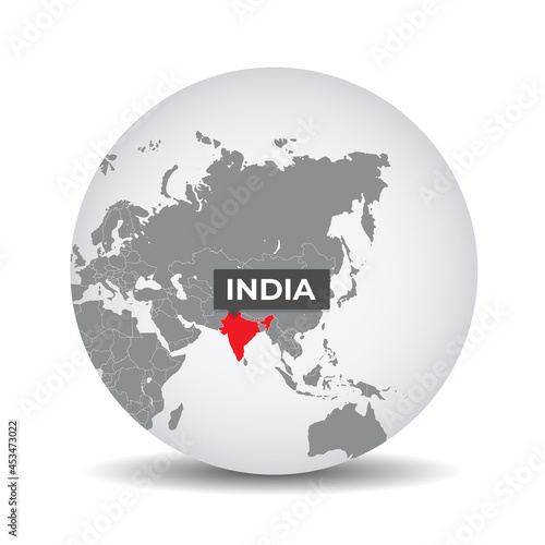 World globe map with the identication of India. Map of India. India on grey political 3D globe. Asia map. Vector stock.