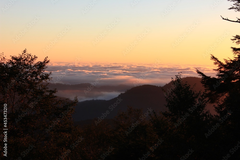 Fototapeta premium 雲取山の夜明け。雲取山荘から見た日の出。空と雲海がオレンジ色に染まる。