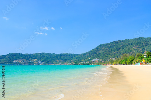 Fototapeta Naklejka Na Ścianę i Meble -  Patong Beach with crystal clear water and wave, the most famous tourist destination, Phuket, Thailand