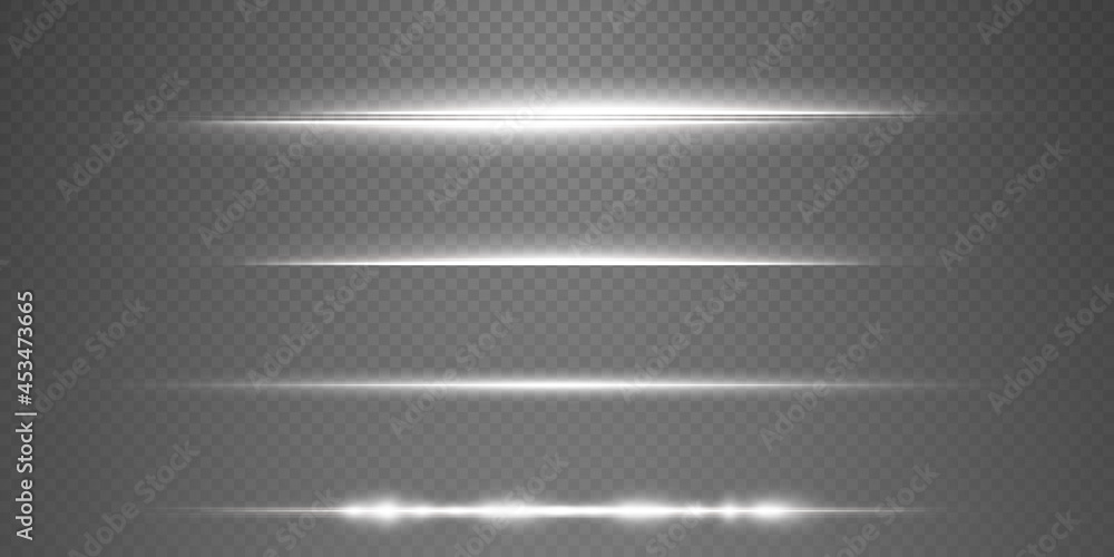Obraz White horizontal lens flares pack. Laser beams, horizontal light rays. Beautiful light flares. Glowing streaks on light background. Collection effect light white line png.