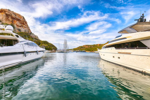 Splendid view of Poltu Quatu port and bay with luxury yachts on Costa Smeralda.