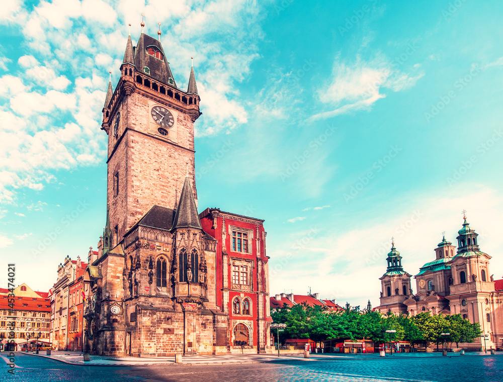 fascinating magical beautiful landscape on the central square of Prague, Czech Republic with clock tower. amazing places. popular tourist atraction