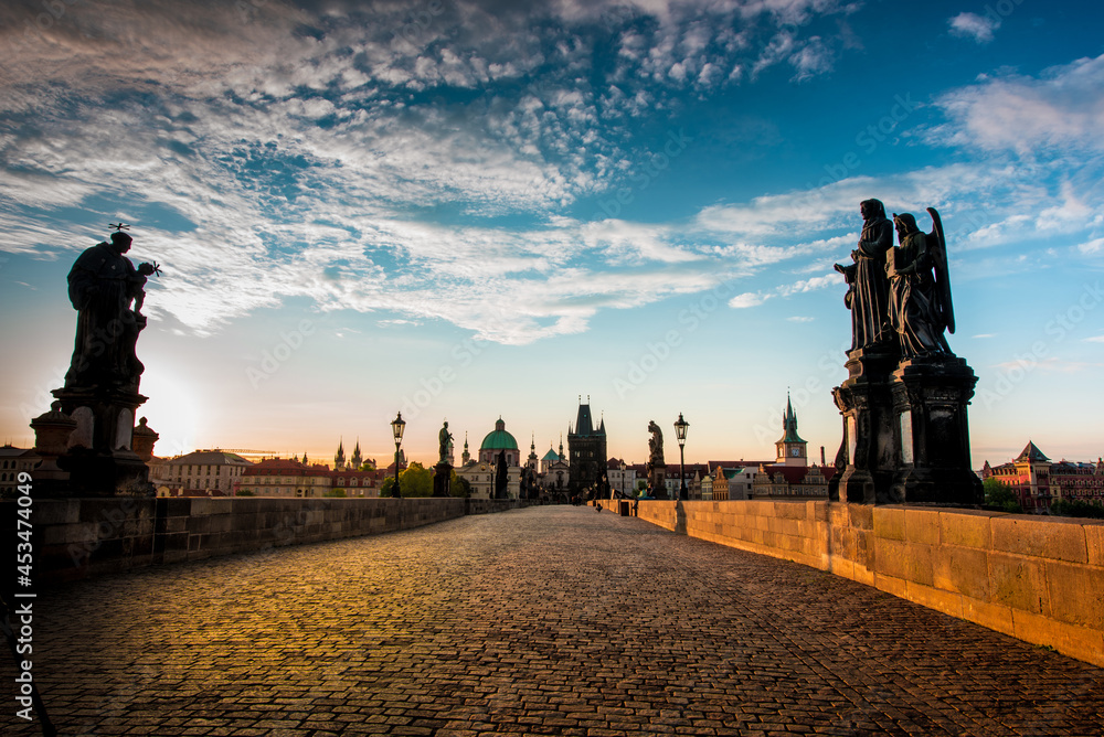 fascinating mystical landscape with Charles Bridge in an old city in Prague, Czech Republic at dawn. amazing places. popular tourist atraction