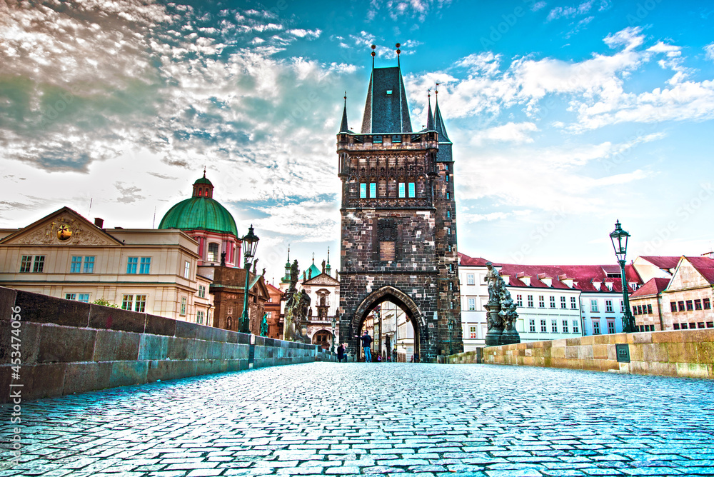 fascinating mystical landscape with Charles Bridge in an old city in Prague, Czech Republic at dawn. amazing places. popular tourist atraction
