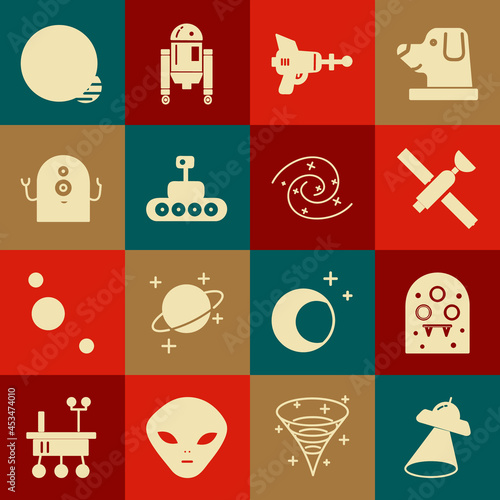 Set UFO flying spaceship, Alien, Satellite, Ray gun, Mars rover, Planet and Black hole icon. Vector