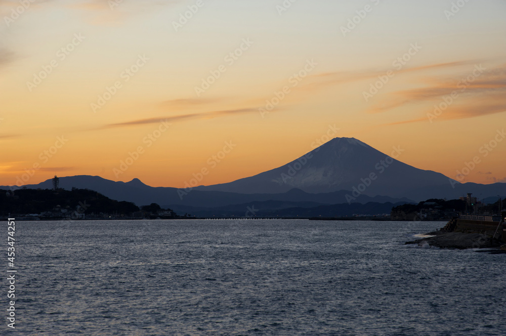 View of Mount Fuji at sunset from Enoshima Island, Kanagawa Prefecture.