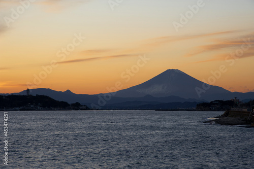 View of Mount Fuji at sunset from Enoshima Island, Kanagawa Prefecture. © James Davies