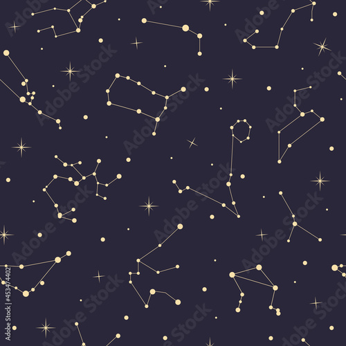 Seamless pattern with flat elegant gold astrology zodiac constellations with stars